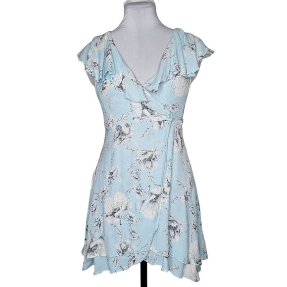 Free People XS Blue Floral Mini Dress Ruffle Wrap Fairycore Coquette Feminine - Picture 1 of 5